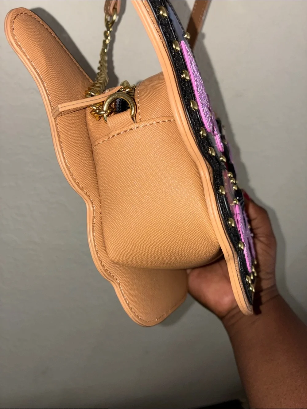 Betsey Johnson Tan Crossbody Bag with Purple, Pink and Blue Butterfly